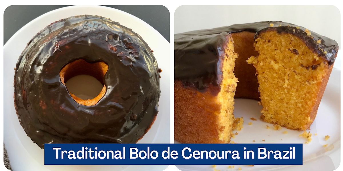 Brazilian Carrot Cake in a bundt cake form with chocolate topping on left and picture on right with slice out.