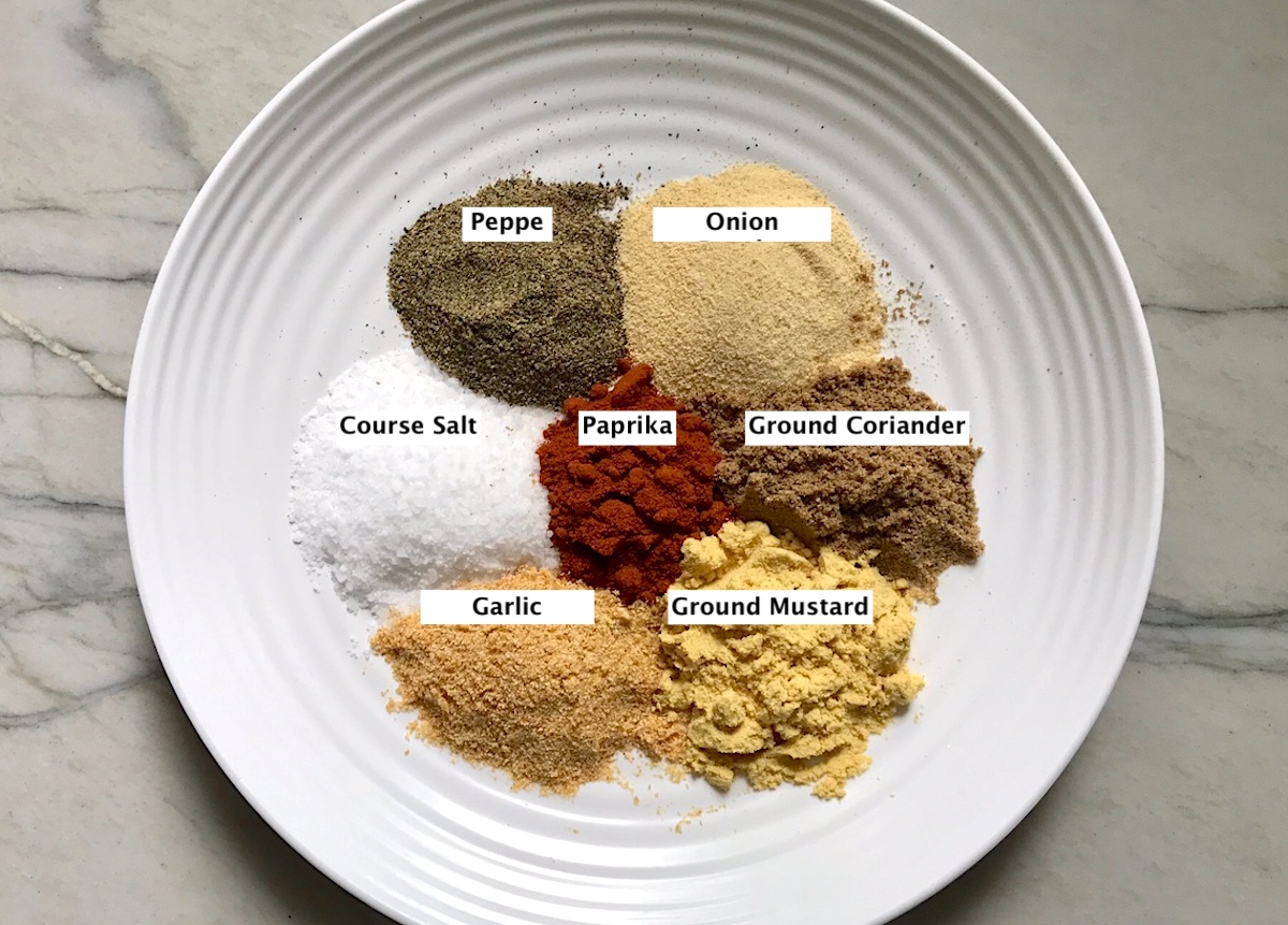 Plate with seven separate seasonings labeled to be blended into this Brazilian Steak Seasoning