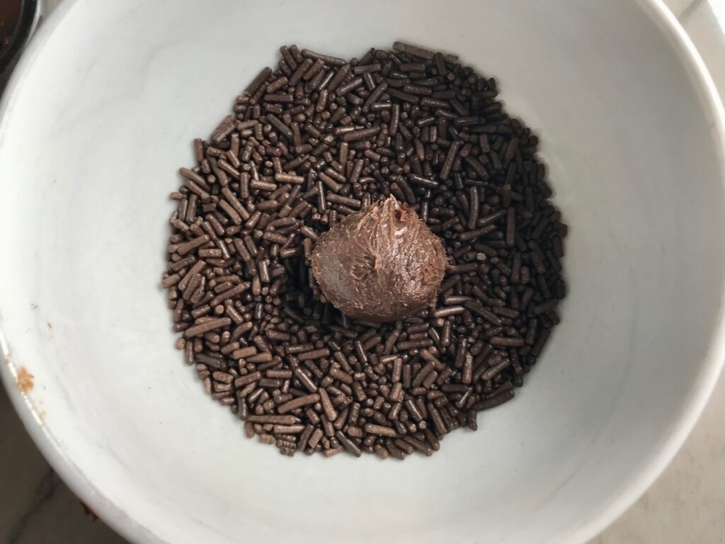 Brigadeiro in a bowl of sprinkles. This Brigadeiro Recipe is based on traditional Brazilian chocolate truffles rolled in sprinkles. You won't believe how easy they are to make!