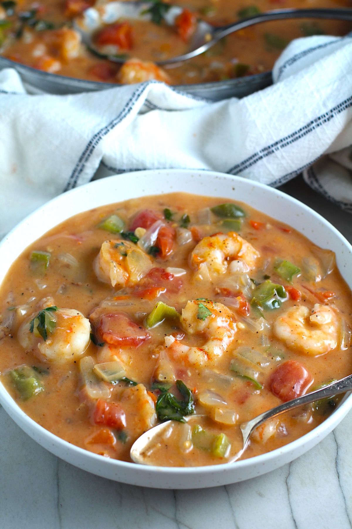 Coconut Shrimp Stew or Moqueca de Camarão, in a bowl with a spoon. It's a delicious traditional dish in Brazil. It's a creamy stew with coconut milk and vegetables.