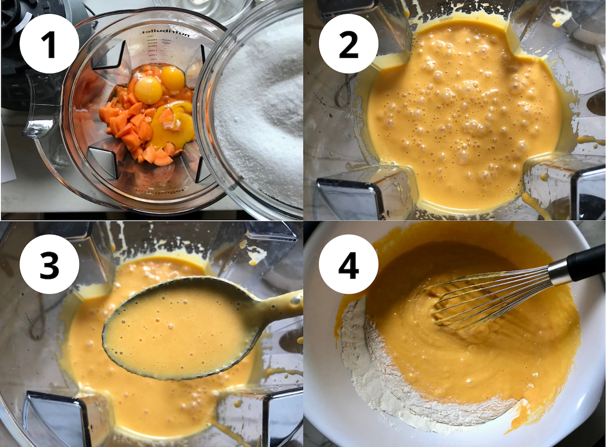 Collage of 4 images showing adding carrots, eggs, sugar to blender, then blending, then spoon scooping, then pouring into flour. All for Brazilian Carrot Cake.