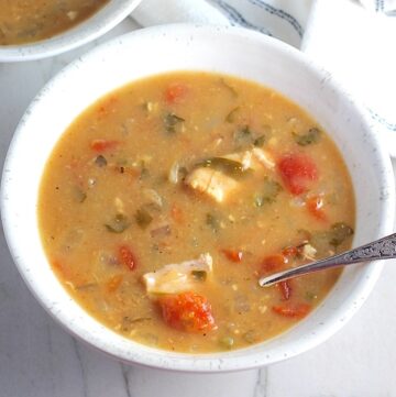 Brazilian Coconut Chicken Stew in two bowls, one with a spoon, and slow cooker in background. It's an easy family dinner. It's has chicken thighs, tomatoes, lime, cilantro, and more. Cook in a slow cooker or on the stove!