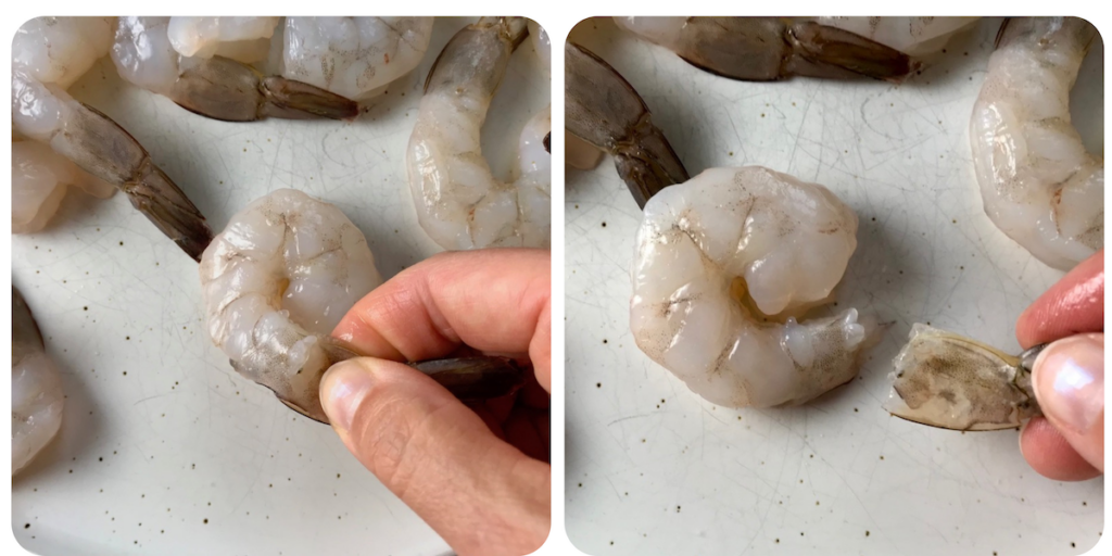 2 images side-by-side showing how to pinch off the tail on raw shrimp for Coconut Shrimp Stew Recipe.