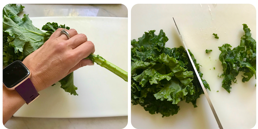 2 images: left showing hand removing kale leaves from stem and right showing knife slicing kale for Kale with bacon recipe.