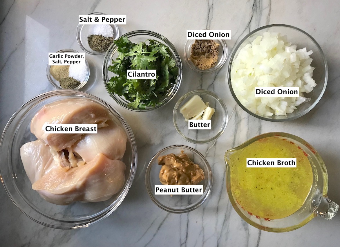 All ingredients prepped and measured out in bowls for Brazilian Chicken in Peanut Sauce.