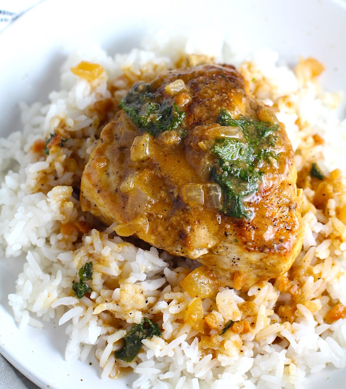 Piece of Brazilian Chicken in Peanut Sauce on top of rice on a plate on counter with dish towel next to it.