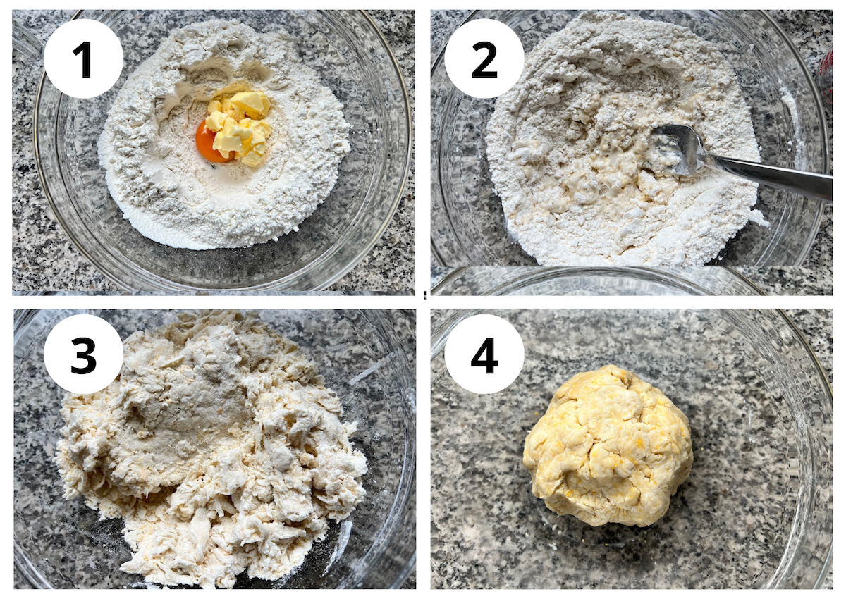 Four-picture collage of making the Brazilian Pastel recipe dough.  Top left shows flower with egg yoke and butter in center, then fork starting to mix, then continuing to mix, and finally the dough ball.
