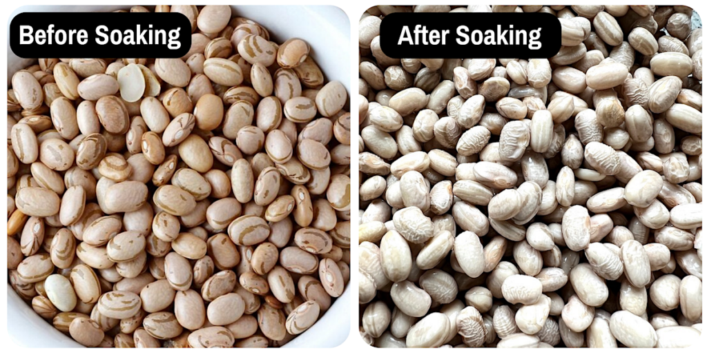 Side by side picture of raw carioca beans before and after soaking them or cooking them.