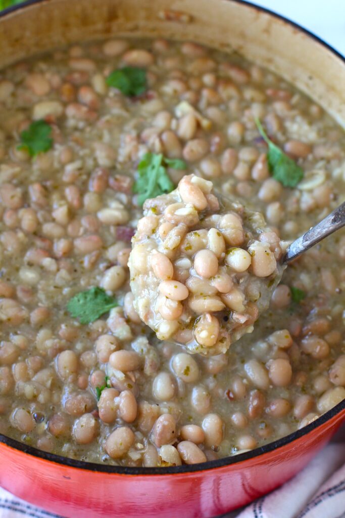 Spoon scooping up Carioca beans from a pot of beans with cilantro leaves on top.