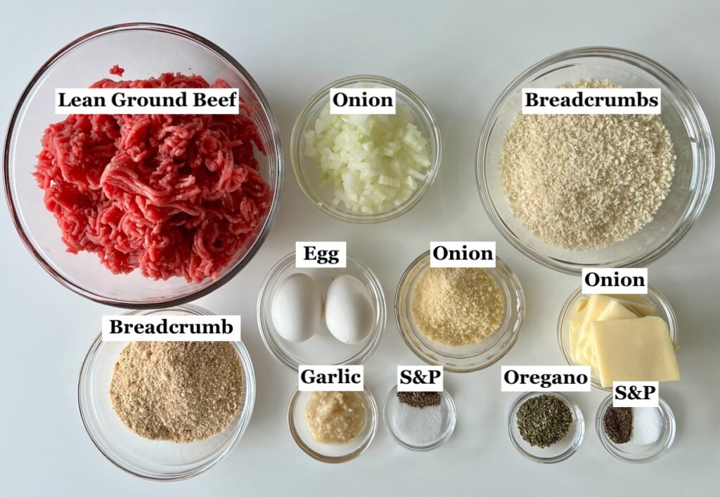 Ingredients prepared and measured out in bowls and labels in the image for Polpettone recipe.