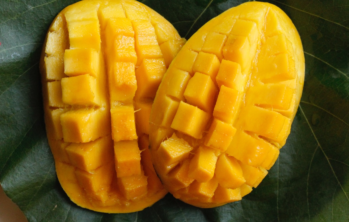 Mango sliced in the skin for Spicy Mango Salsa Recipe.