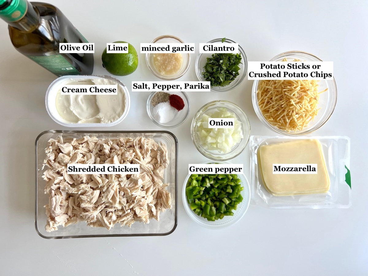 Ingredients prepped and measured out in small bowls for the Ultimate Chicken Casserole Recipe.