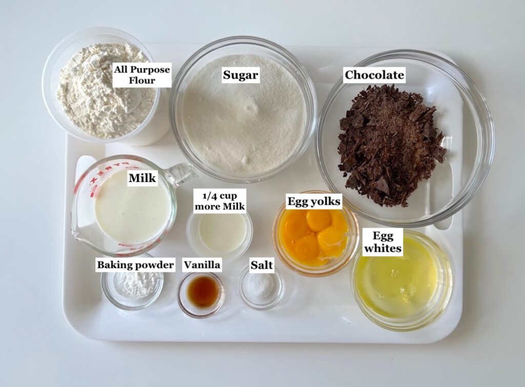 Ingredients prepped and measured out in bowls for Brigadeiro Chocolate Brazilian Cake.