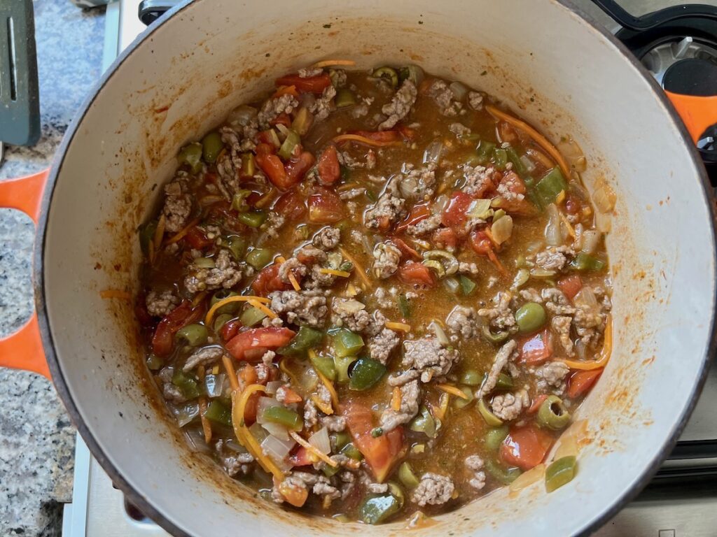 Summer Beef Stew Picadinho with ground beef and vegetables finished cooking in a pot..