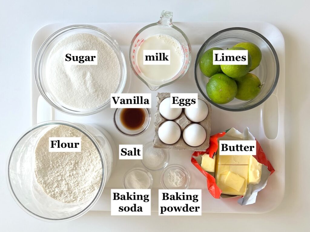 Ingredients prepped and measured out and labeled in bowls for Cake with Lime recipe.