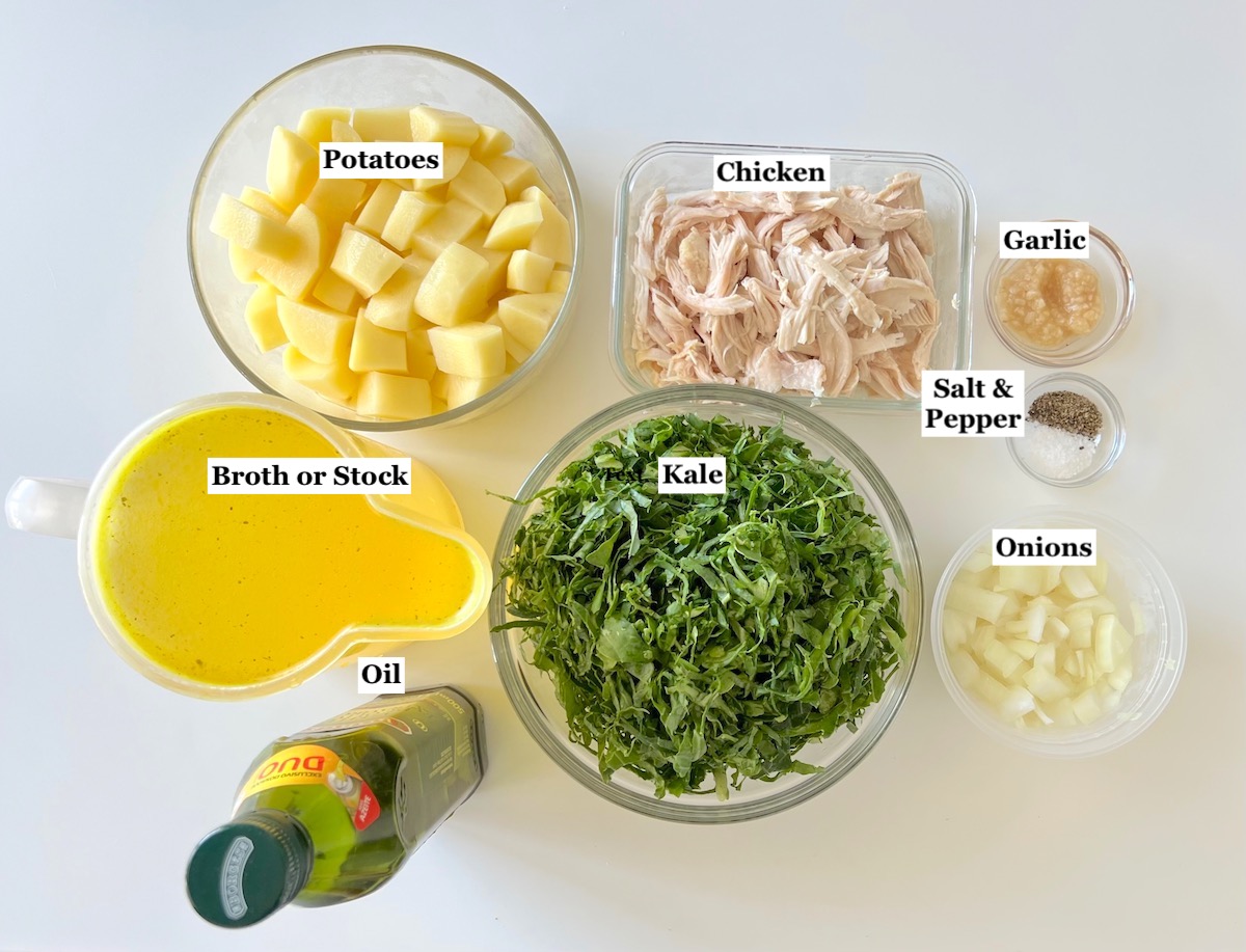 Ingredients prepped and measured out in bowls for the Chicken and Kale Soup.