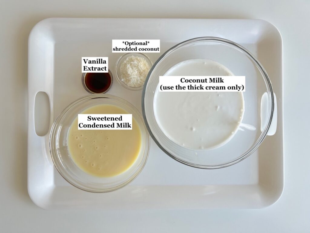 Ingredients prepped and measured out in bowls for Coconut Ice Cream Recipe without Cream.