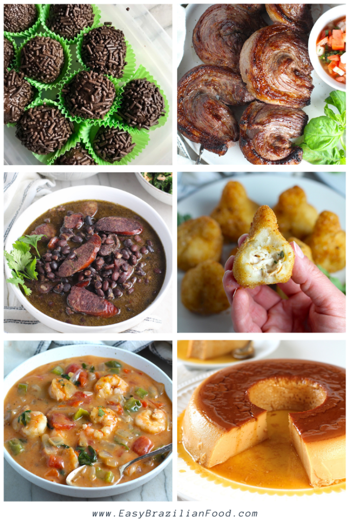 Collage of Fav Foods Brazil, including Brigadeiros, picanha, feijoada, coxinha, moqueca, and Flan.