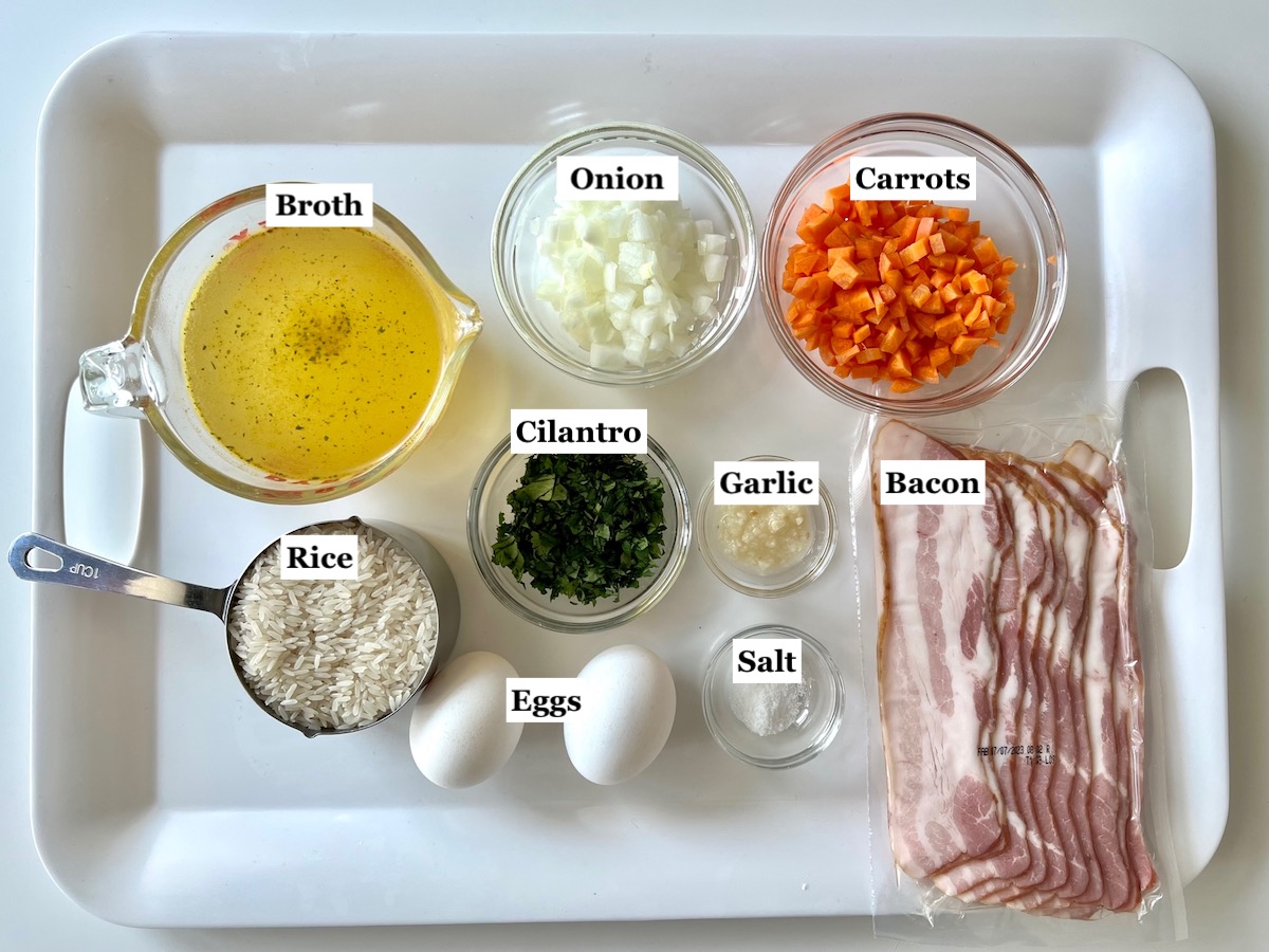 All ingredients measured out, chopped, and diced and then labeled for Arroz Pilaf.