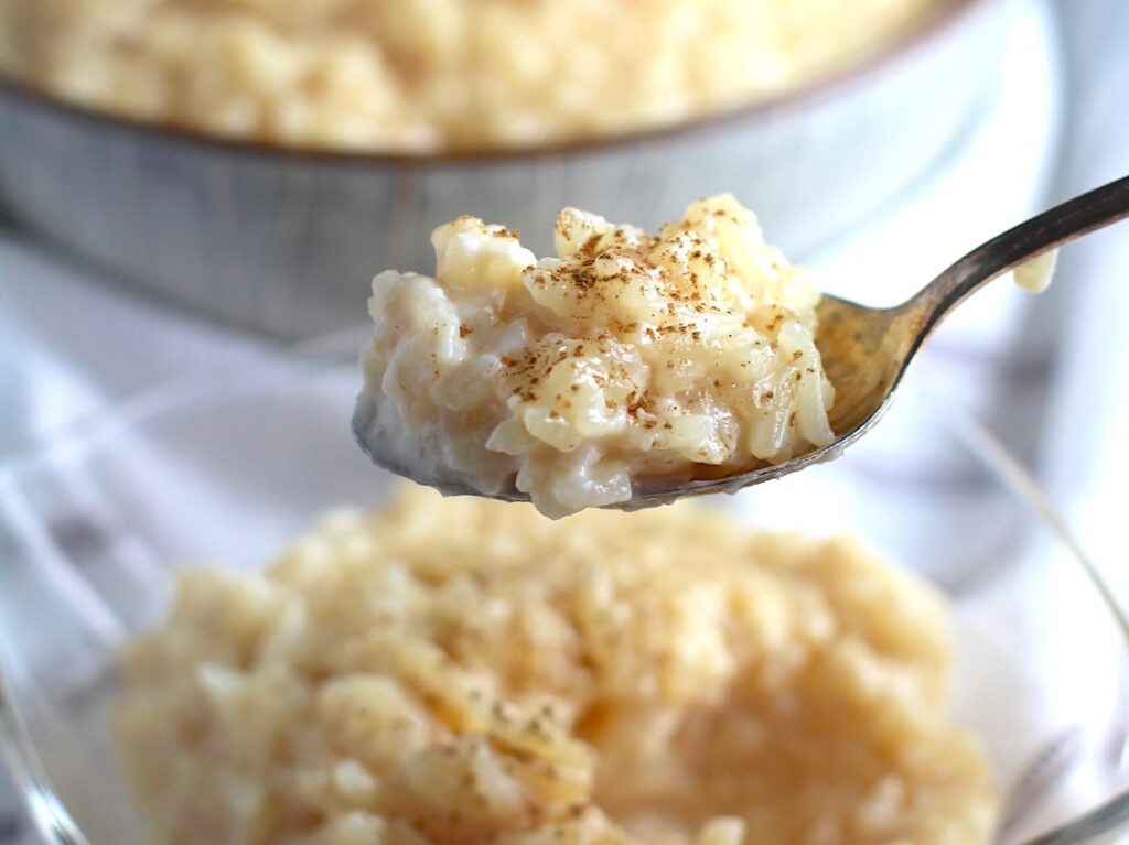 Spoonful of rice pudding with cinnamon sprinkled on top hoving over a bowl of rice pudding.