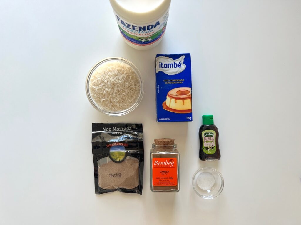 Ingredients on counter for Rice Pudding with condensed milk.