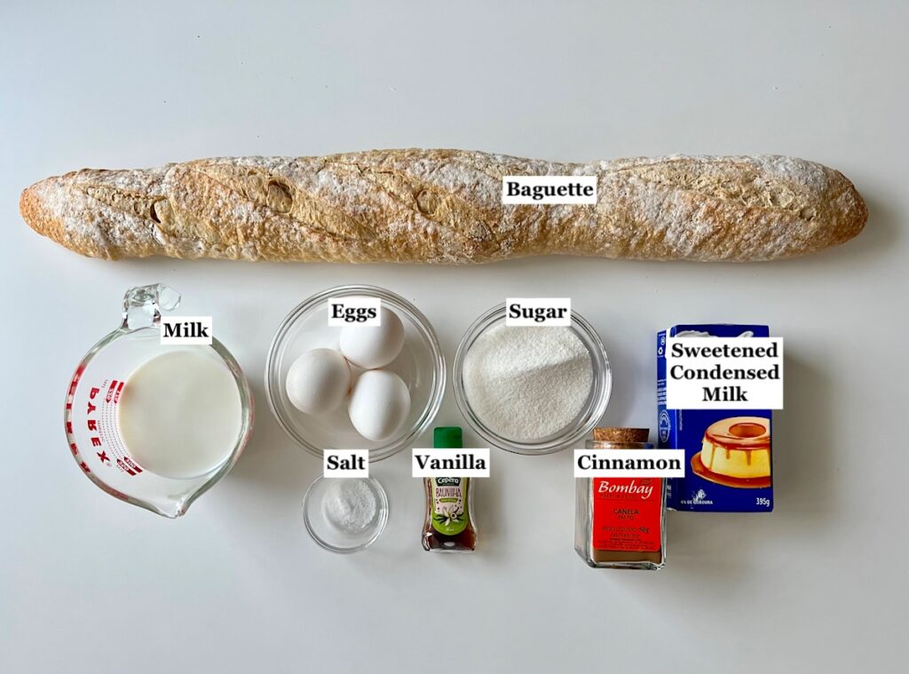 Ingredients prepped and measured out in bowls for French toast with condensed milk recipe.