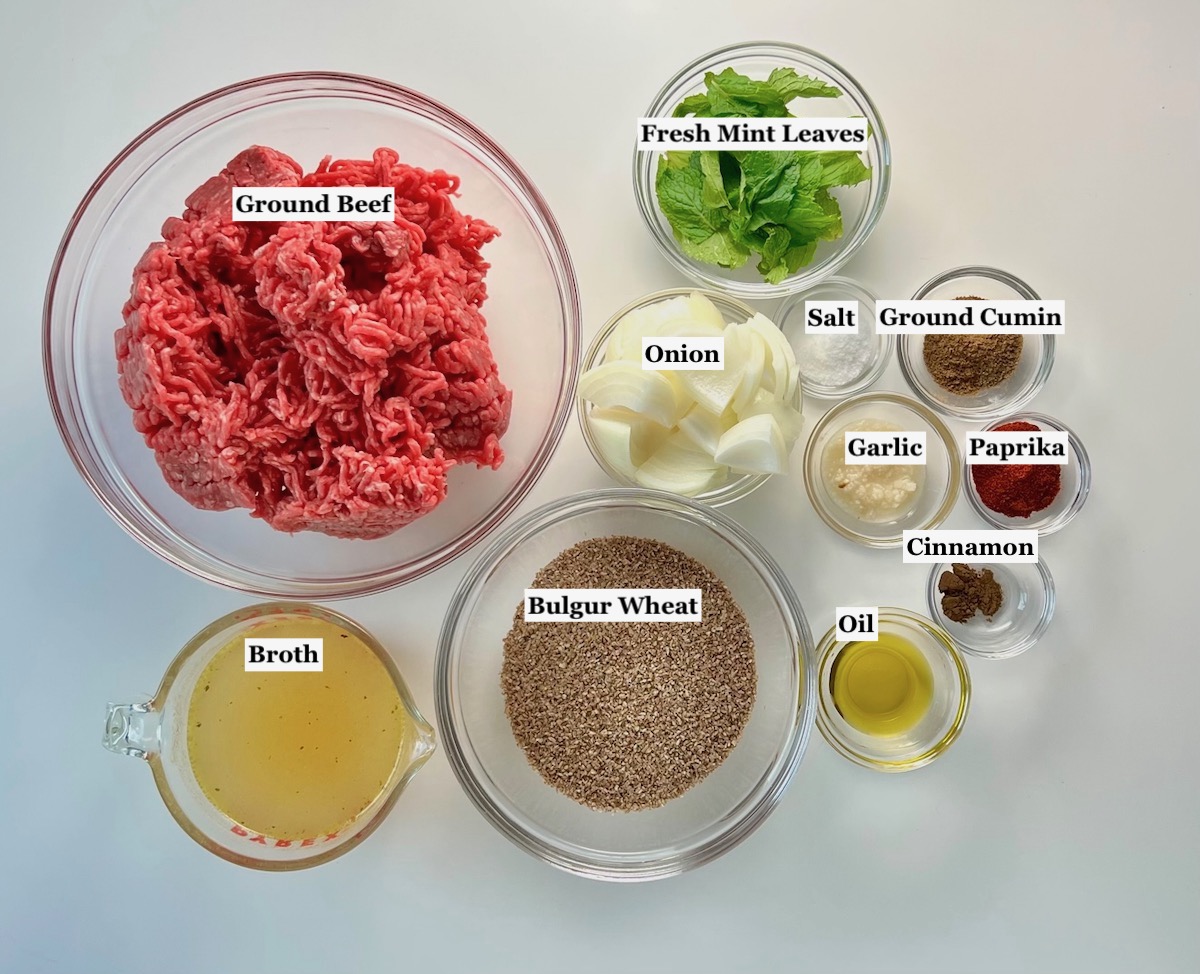 Ingredients prepped and measured out in bowls for the Kibe Mediterranean Ground Beef Kabab recipe.