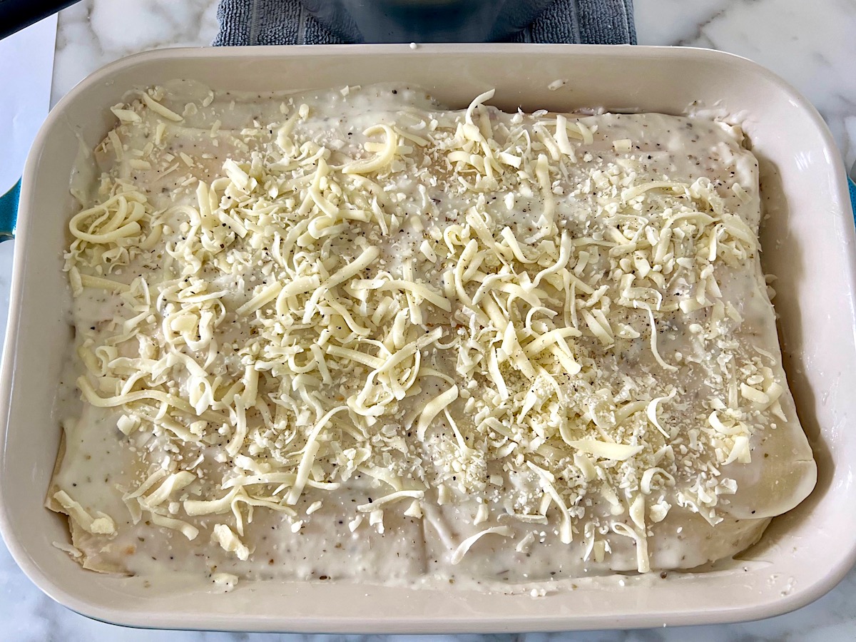 Final cheese topping added for the Bechamel Sauce Lasagna recipe.
